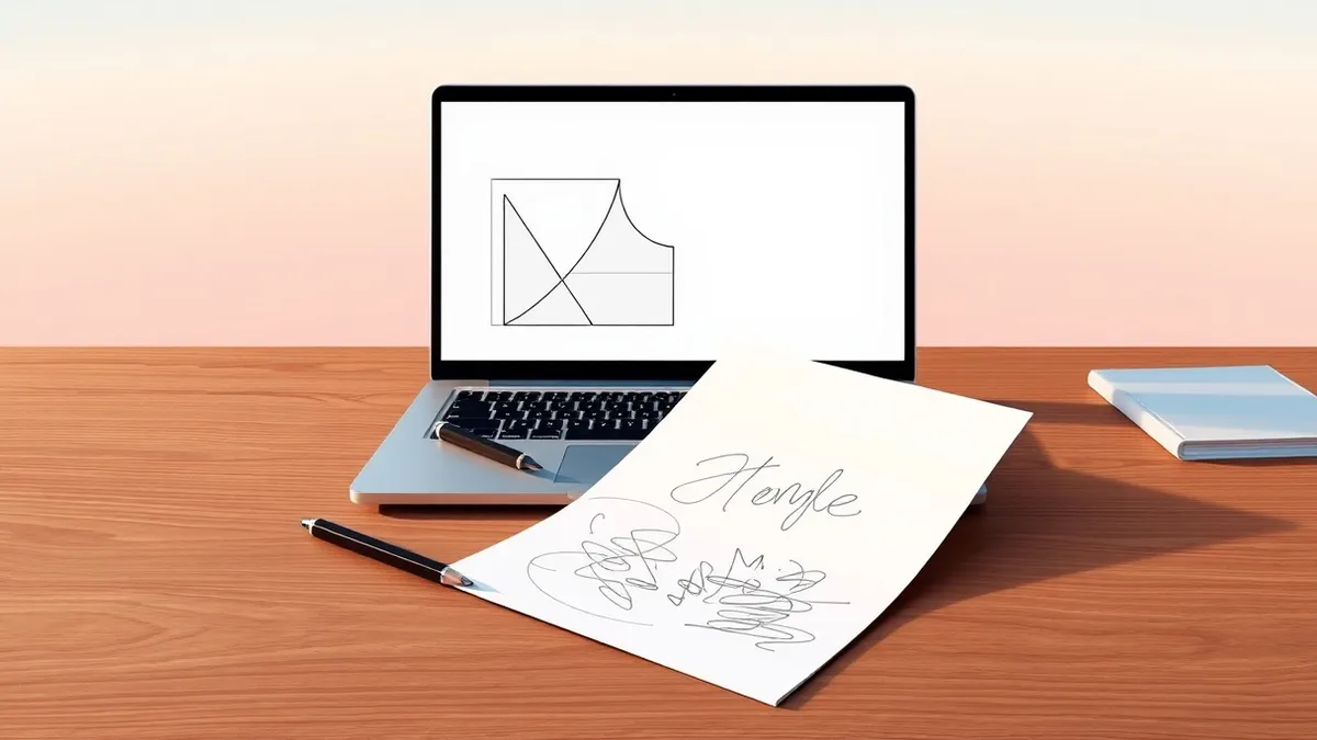 Illustration: A sleek silver laptop sits on a wooden desk with its screen displaying a digital notebook interface filled with clean, abstract geometric shapes.