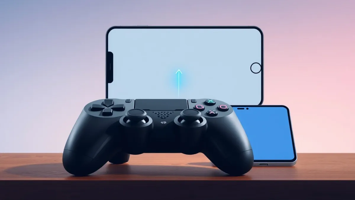 Illustration: A standard black plastic game controller rests on a wooden desk next to a smartphone.