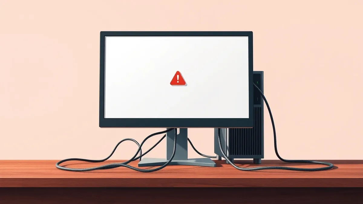 Illustration: A desktop computer monitor sits on a wooden desk.