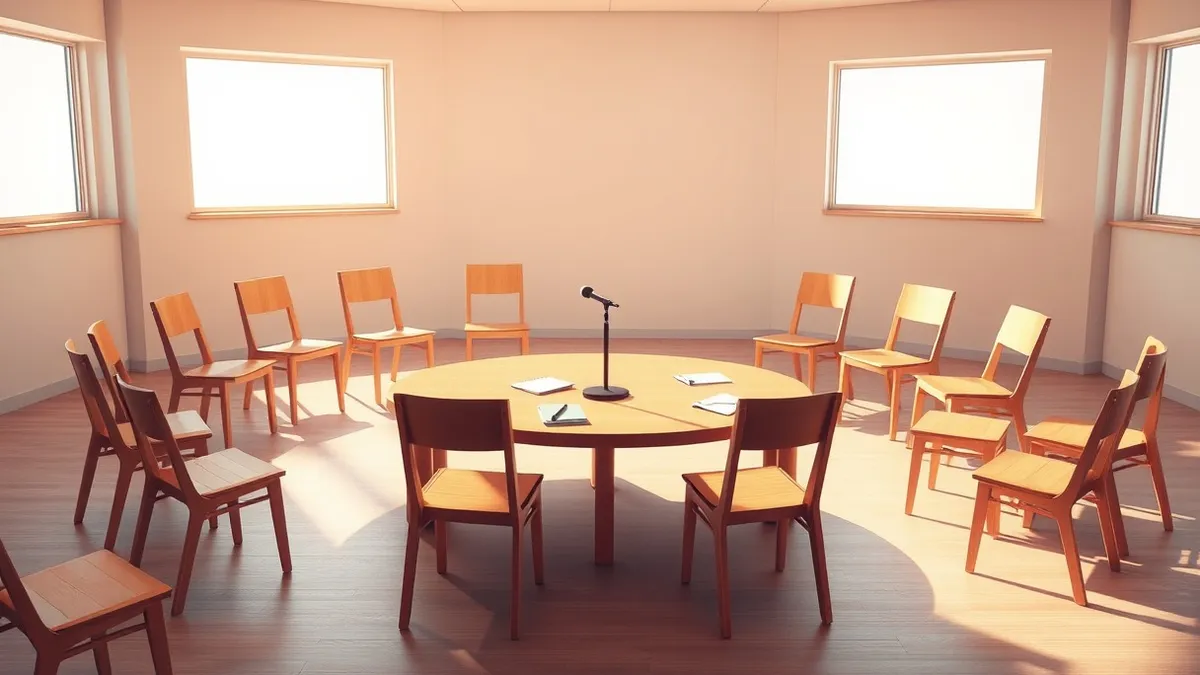 Illustration: A community meeting room features a circular arrangement of empty wooden chairs around a low table.