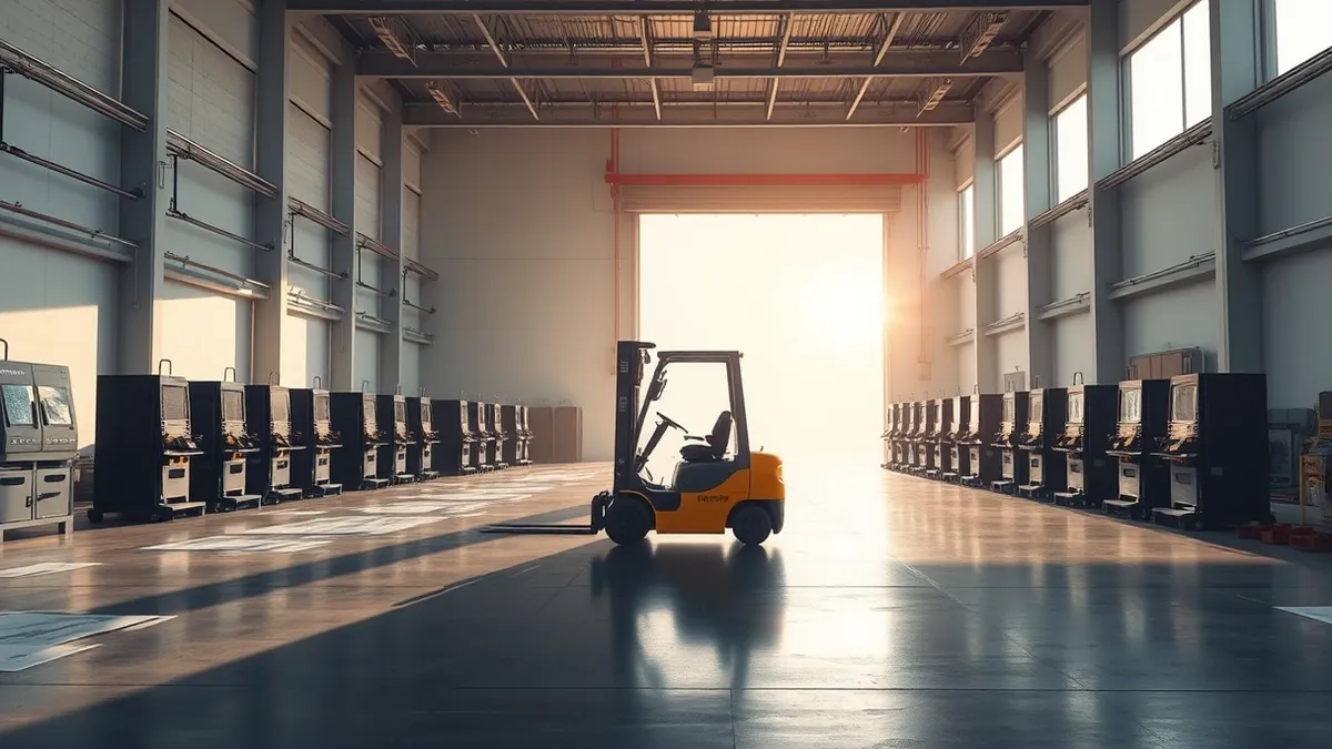 Illustration: An empty industrial floor with rows of dormant battery assembly machines and scattered blueprints.