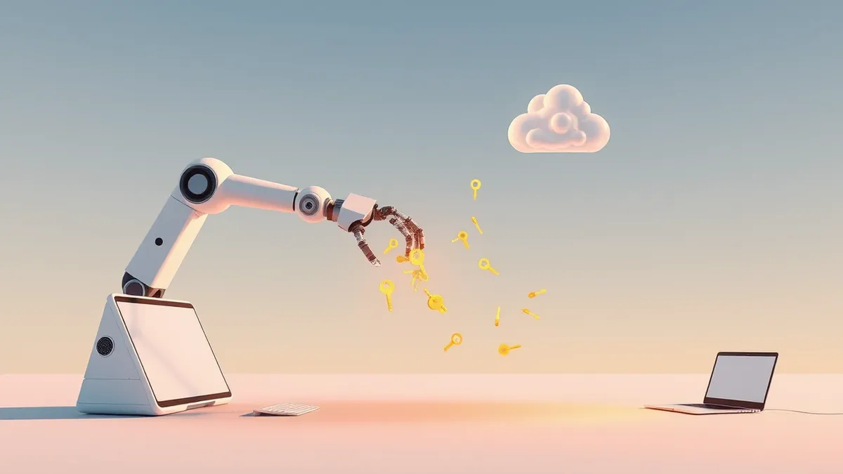 Illustration: A sleek autonomous robot arm extends from a white housing toward a floating cloud icon, while glowing golden key shapes drift carelessly from its mechanical gripper i