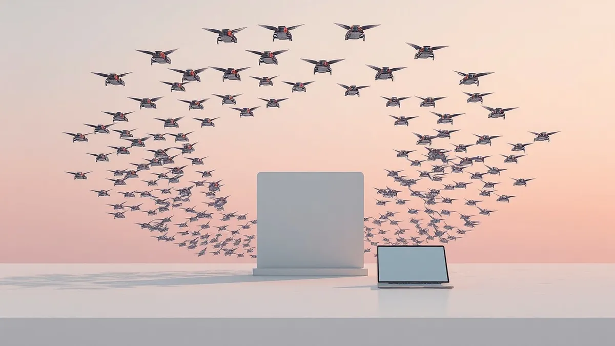 Illustration: A dense cluster of small, identical geometric drones converges rapidly on a single digital target structure.
