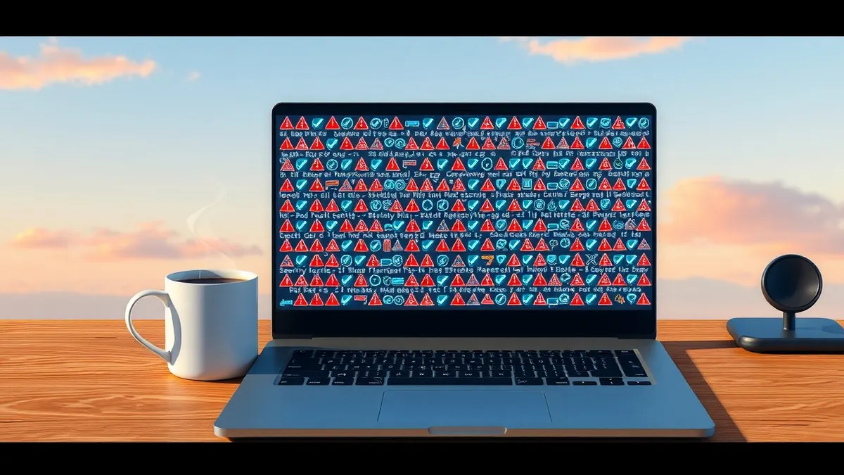 Illustration: A sleek black laptop sits on a wooden desk beside a steaming coffee mug.