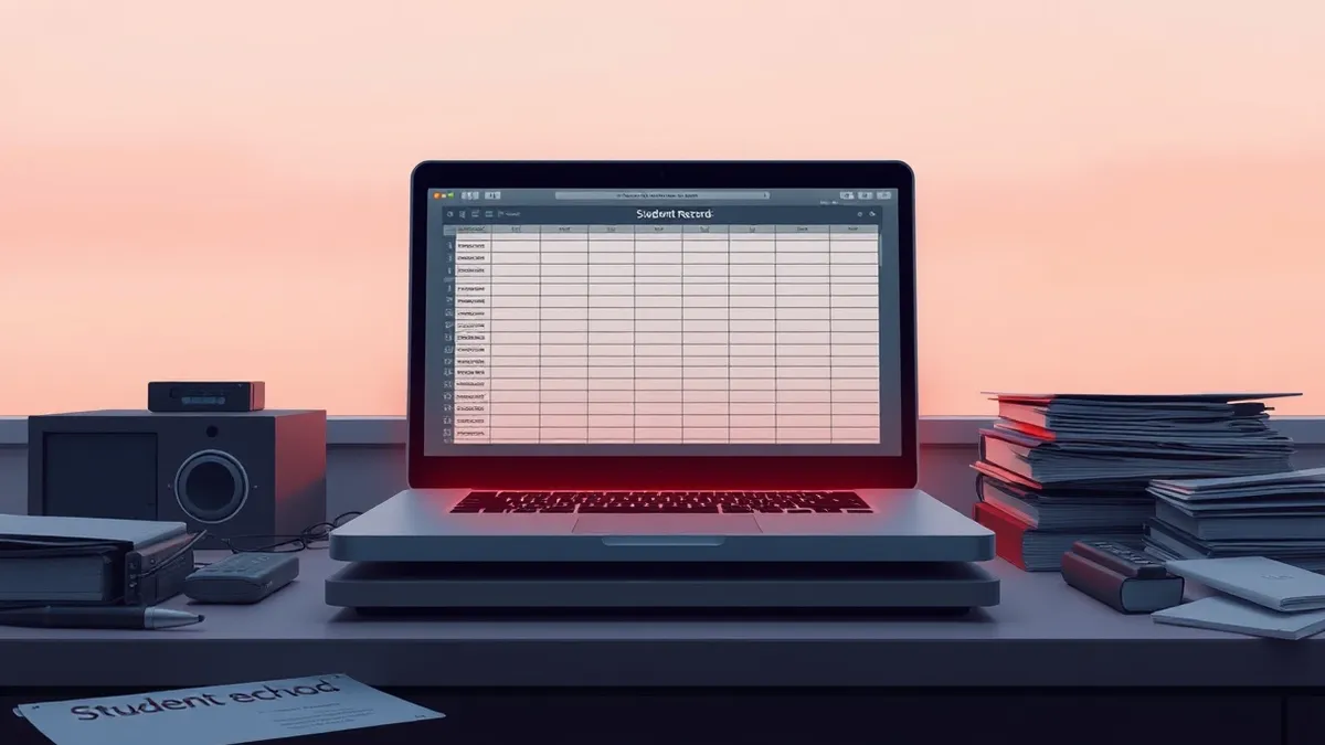 Illustration: A single open laptop sits on a cluttered desk in a quiet room.
