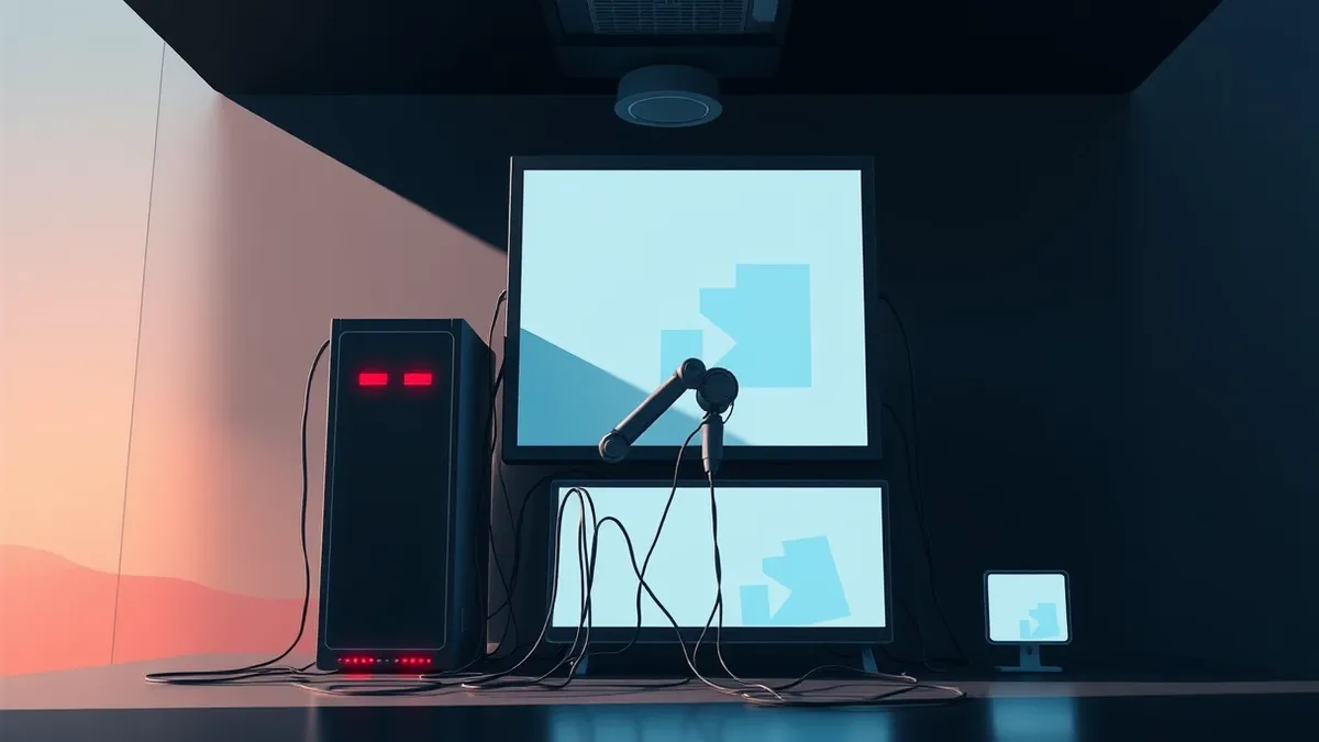 Illustration: A sleek black server unit sits in a dark room with red warning lights pulsing softly.