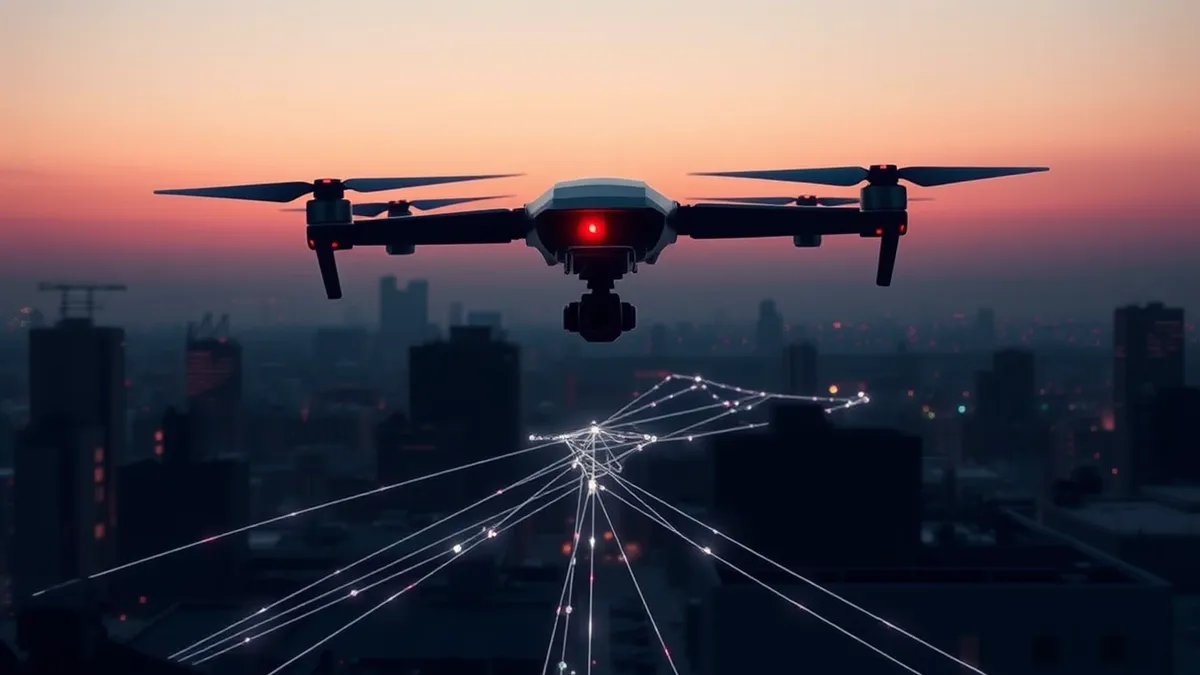 Illustration: A sleek black autonomous drone hovers silently over a dark cityscape, its single red eye scanning the horizon.