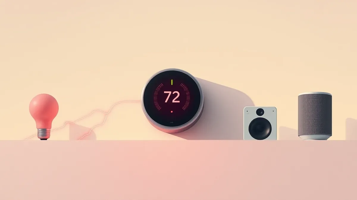 Illustration: A small smart thermostat sits on a wall, its surface pulsing with a faint, unnatural red glow.