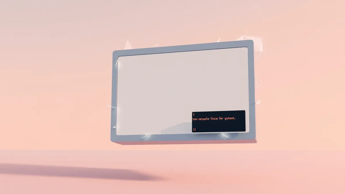 Illustration: A sleek, minimalist coding interface window floats in mid-air, its blank screen framed by a glowing, fractured digital border.
