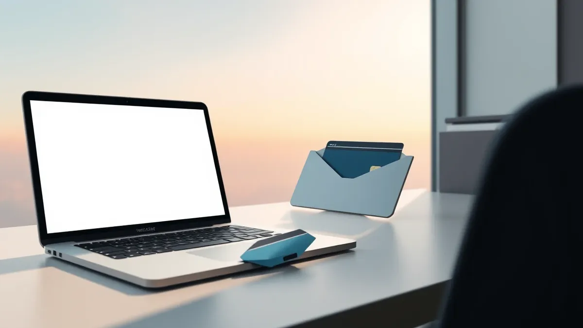 Illustration: A corporate office desk holds a sleek laptop with a blank screen, next to a single credit card partially inserted into a small metal envelope.