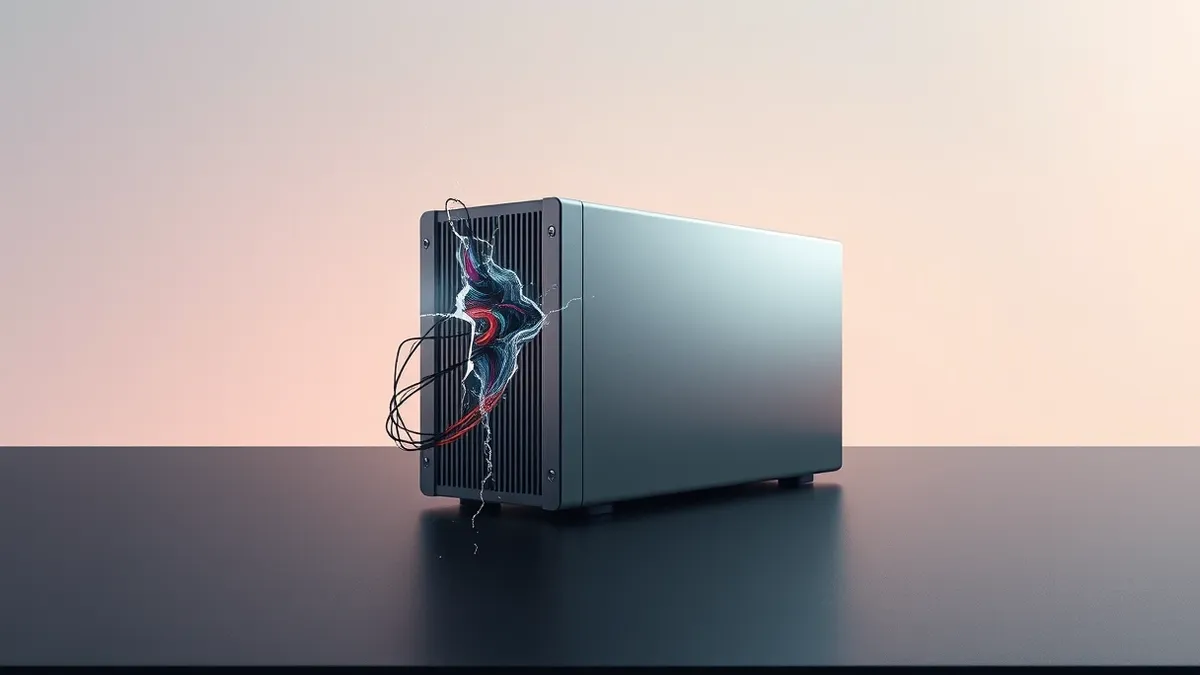 Illustration: A sleek silver server sits isolated on a dark desk.