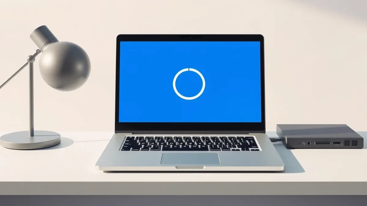 Illustration: A generic silver laptop rests on a desk, its screen displaying a blank blue window with a single white circular progress indicator spinning slowly in the center, sugg