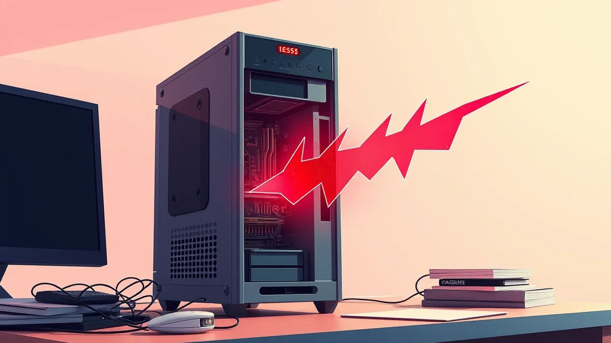 Illustration: A standalone desktop computer tower sits on a cluttered office desk with its side panel removed to expose the internal motherboard and circuitry.
