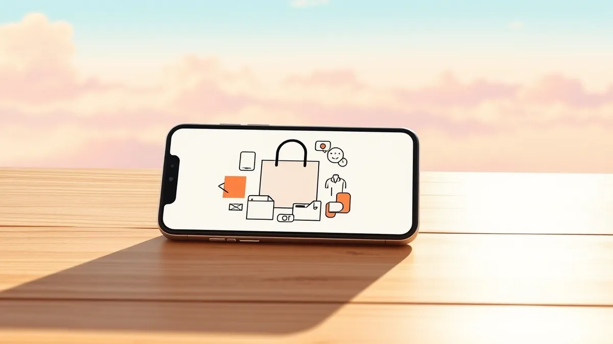 Illustration: A smartphone rests on a wooden table, its screen displaying a clean shopping bag icon surrounded by abstract geometric shapes representing various products.