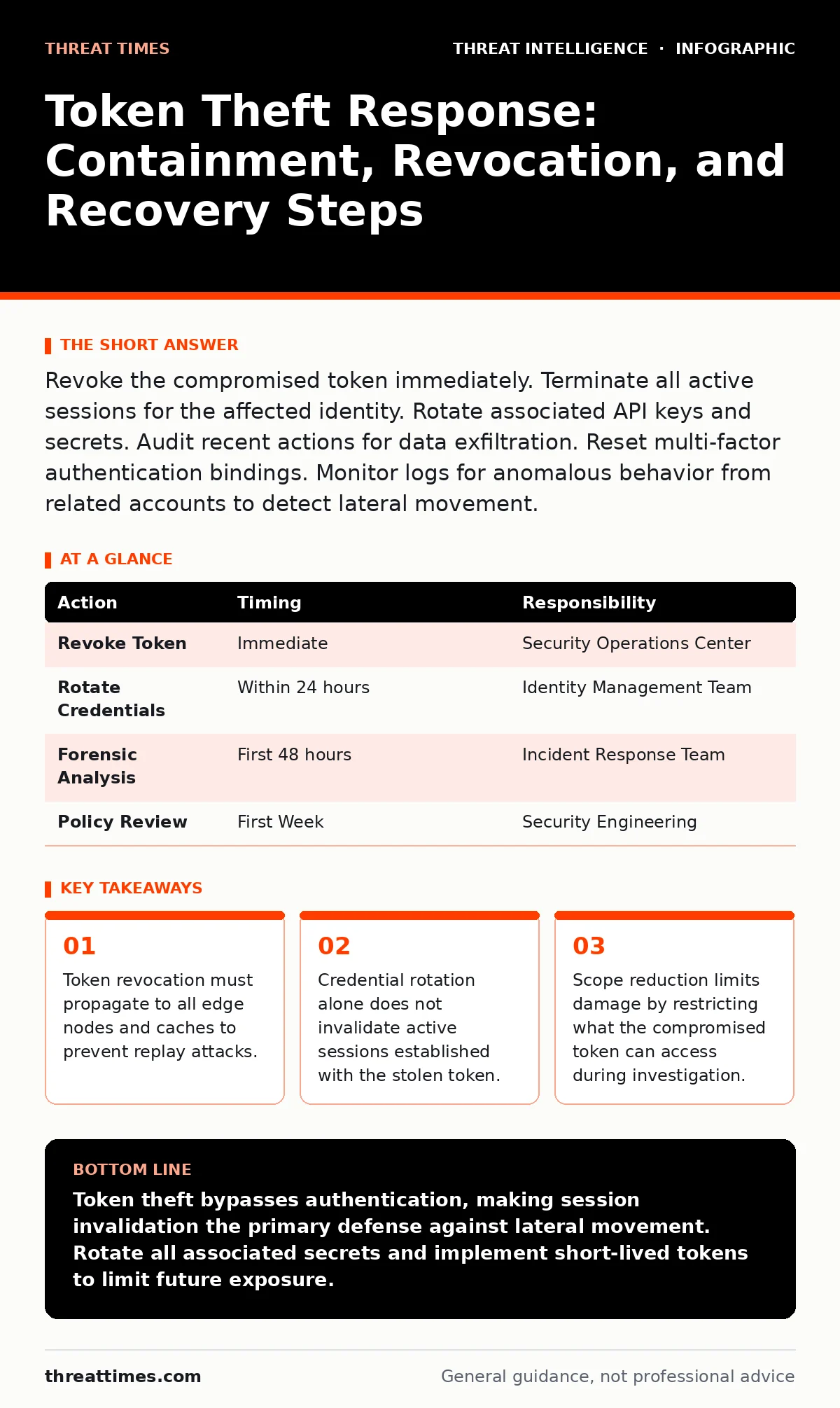 Infographic: Token Theft Response: Containment, Revocation, and Recovery Steps. Token revocation must propagate to all edge nodes and caches to prevent replay attacks. Credential rotation alone does not invalidate active sessions established with the stolen token. Scope reduction limits damage by re