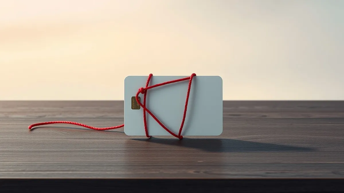 Illustration: A single white plastic key card rests on a dark wooden desk.