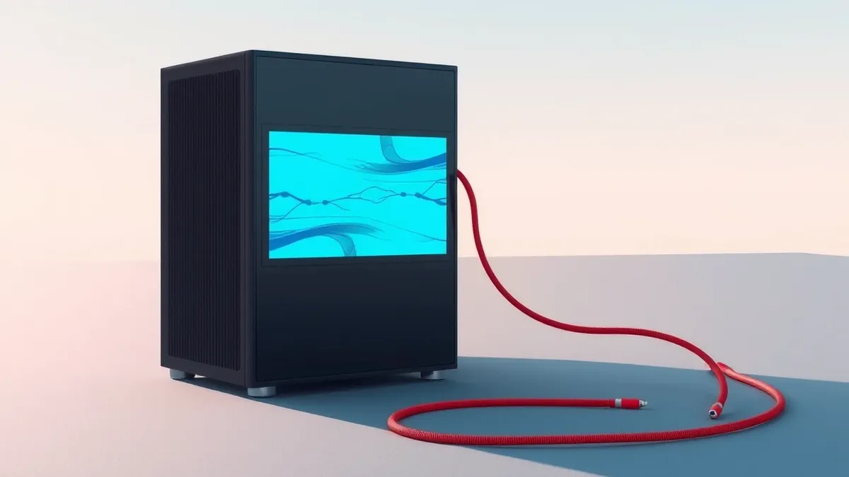 Illustration: A sleek black server tower sits isolated on a plain gray floor.