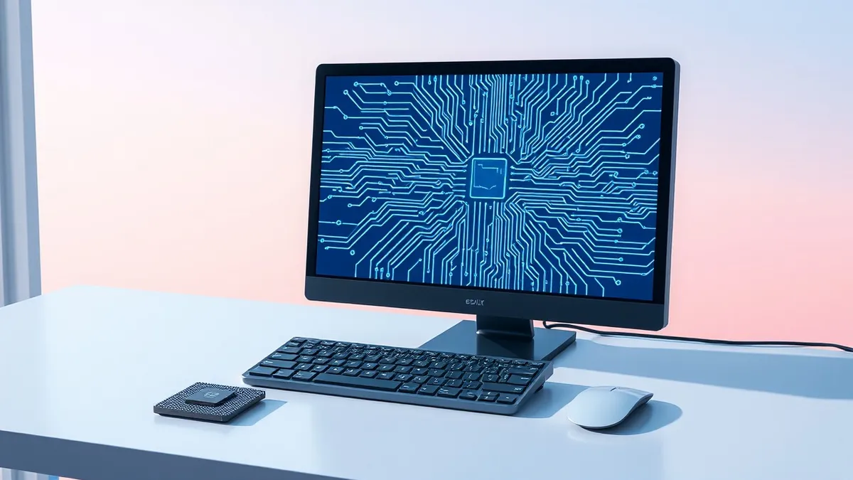 Illustration: A sleek desktop computer sits on a clean desk, its monitor displaying intricate, abstract circuit patterns in blue and white.