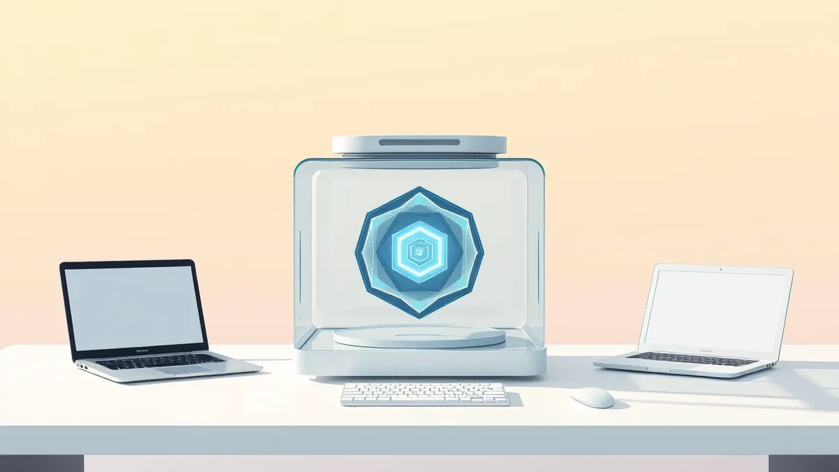 Illustration: A sleek, transparent containment vessel sits on a clean white desk, shielding a glowing geometric core inside.