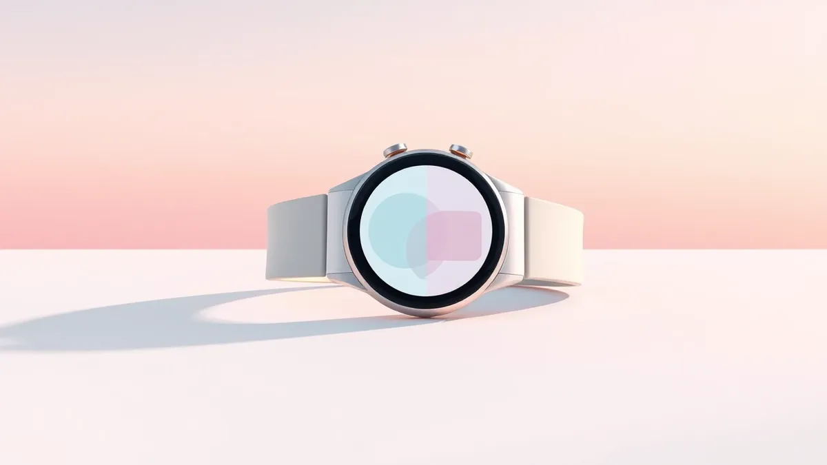 Illustration: A smartwatch with a light-colored aluminum case and a simple digital strap rests on a plain white surface.