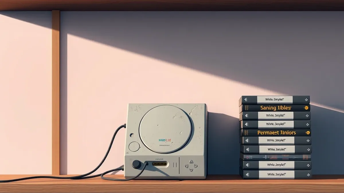 Illustration: A dusty, disconnected game console sits on a wooden shelf next to a stack of physical media cases.