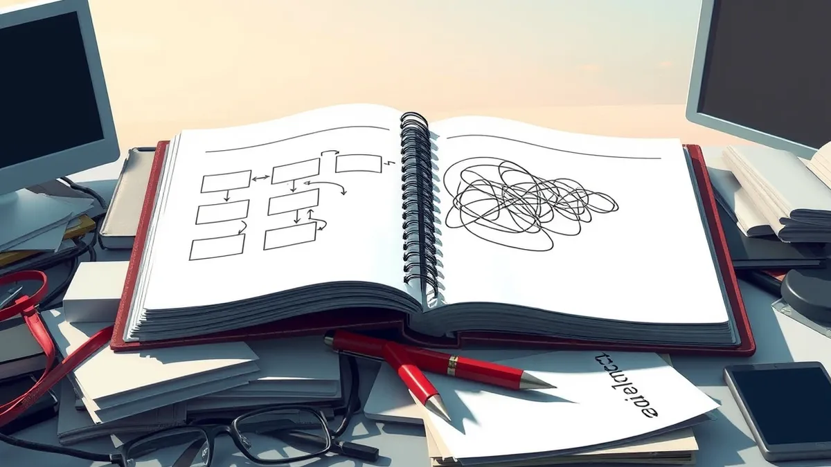 Illustration: A thick spiral-bound notebook lies open on a cluttered desk, its pages filled with simple flowchart boxes and arrows.