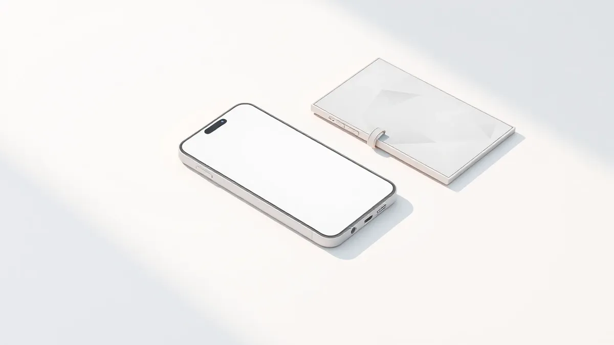 Illustration: A white smartphone lies flat on a clean surface, its blank screen reflecting soft overhead light.