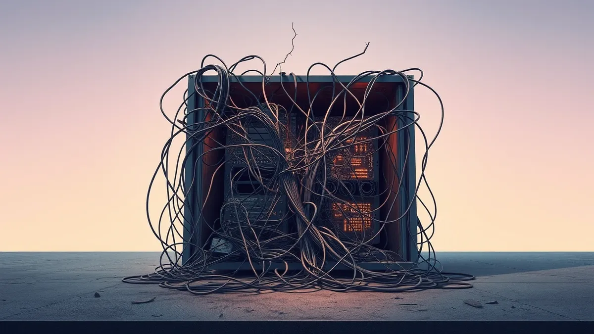Illustration: A tangled mess of tangled, frayed wires spills out of an open server chassis.