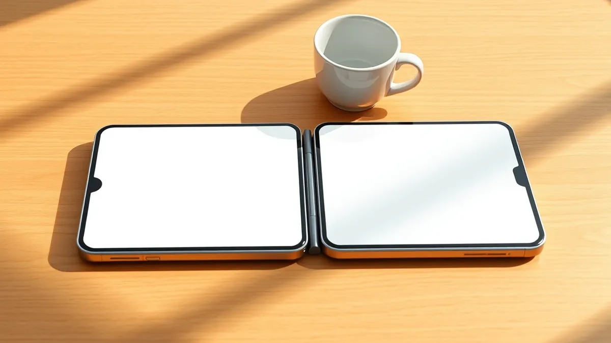 Illustration: A sleek silver foldable smartphone lies open on a polished wooden desk, revealing two bright blank screens side by side.
