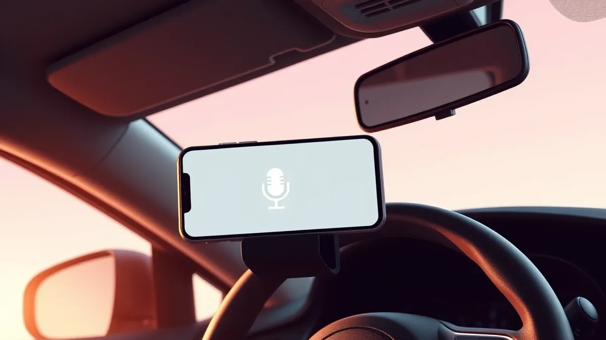 Illustration: A smartphone rests in a car’s dashboard cradle, displaying a blank map interface with a prominent microphone icon.