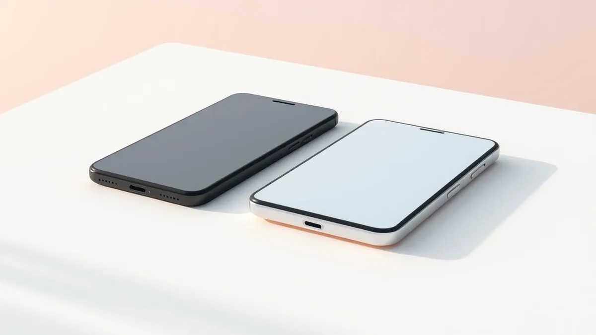 Illustration: Two folded smartphones rest side by side on a matte white surface.