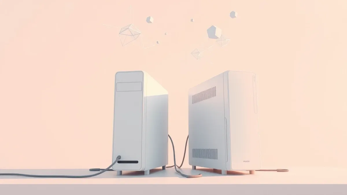 Illustration: Two white desktop towers sit side by side on a clean desk, connected by thick cables.