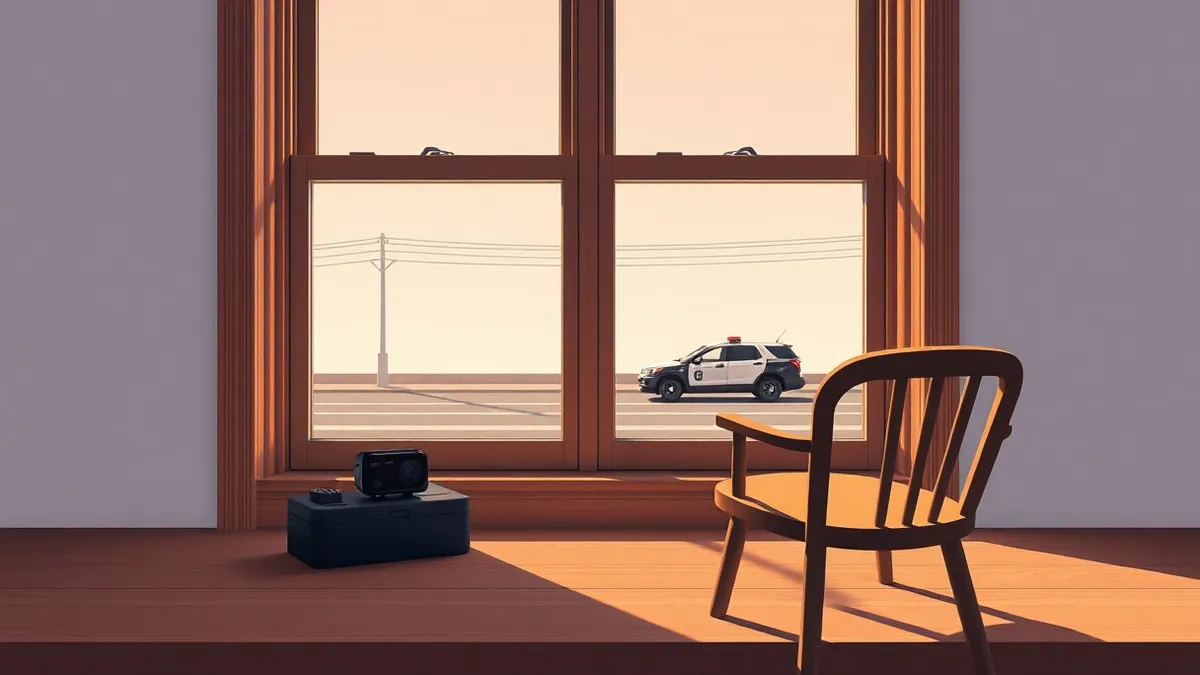 Illustration: A small black box with a lens sits on a wooden windowsill, pointing toward a street where a police cruiser drives by.