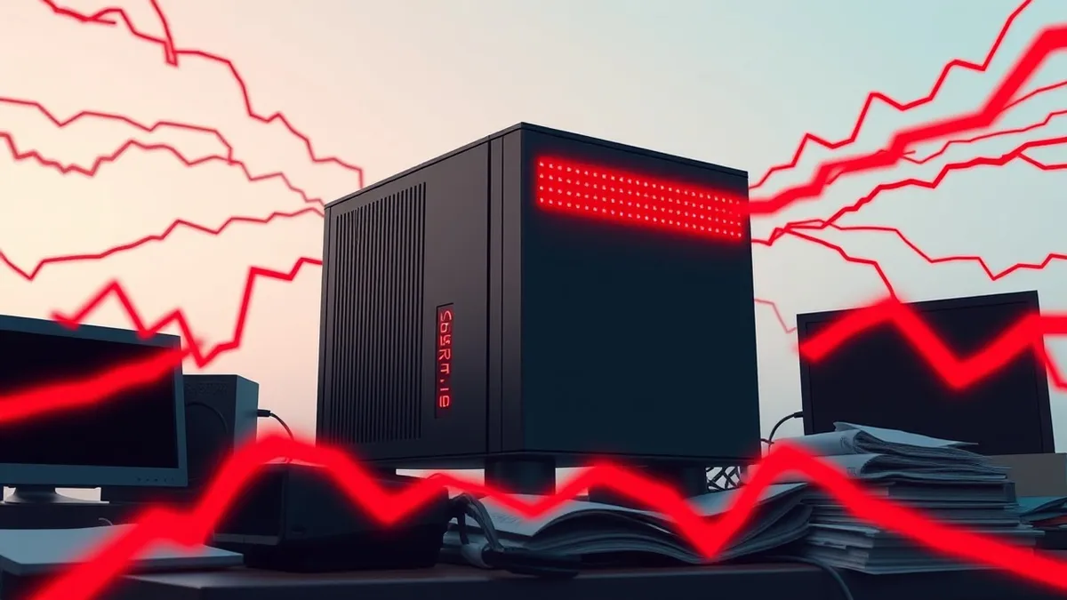 Illustration: A sleek black security firewall sits on a cluttered desk, its front panel flashing rapidly with aggressive red warning lights.