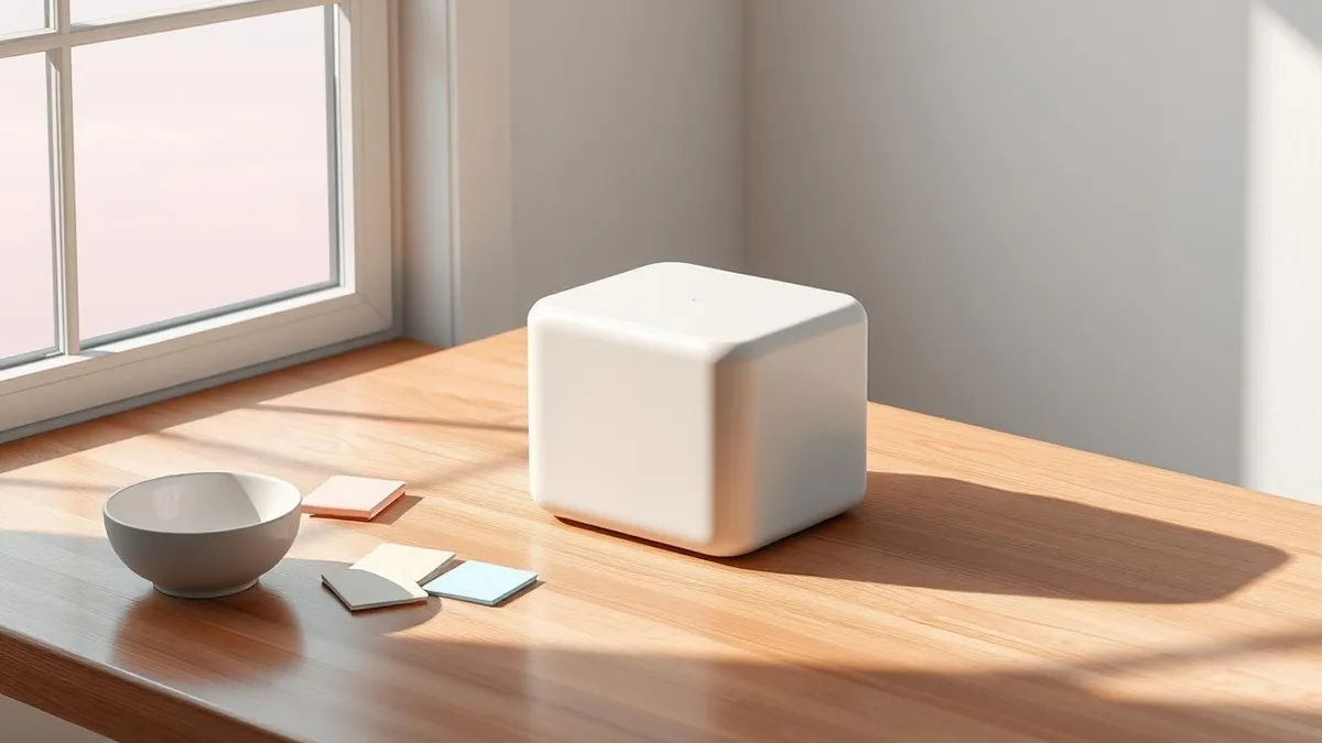 Illustration: A sleek white square device sits on a minimalist wooden table beside a small ceramic bowl.