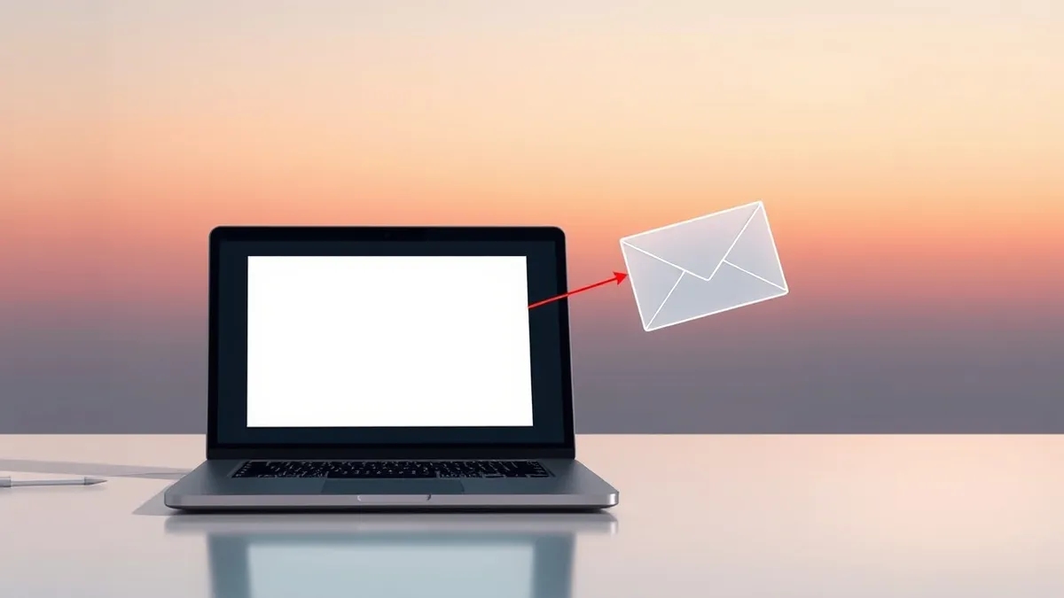 Illustration: An open laptop displays a blank email composition window next to an identical, slightly transparent duplicate envelope drifting away.