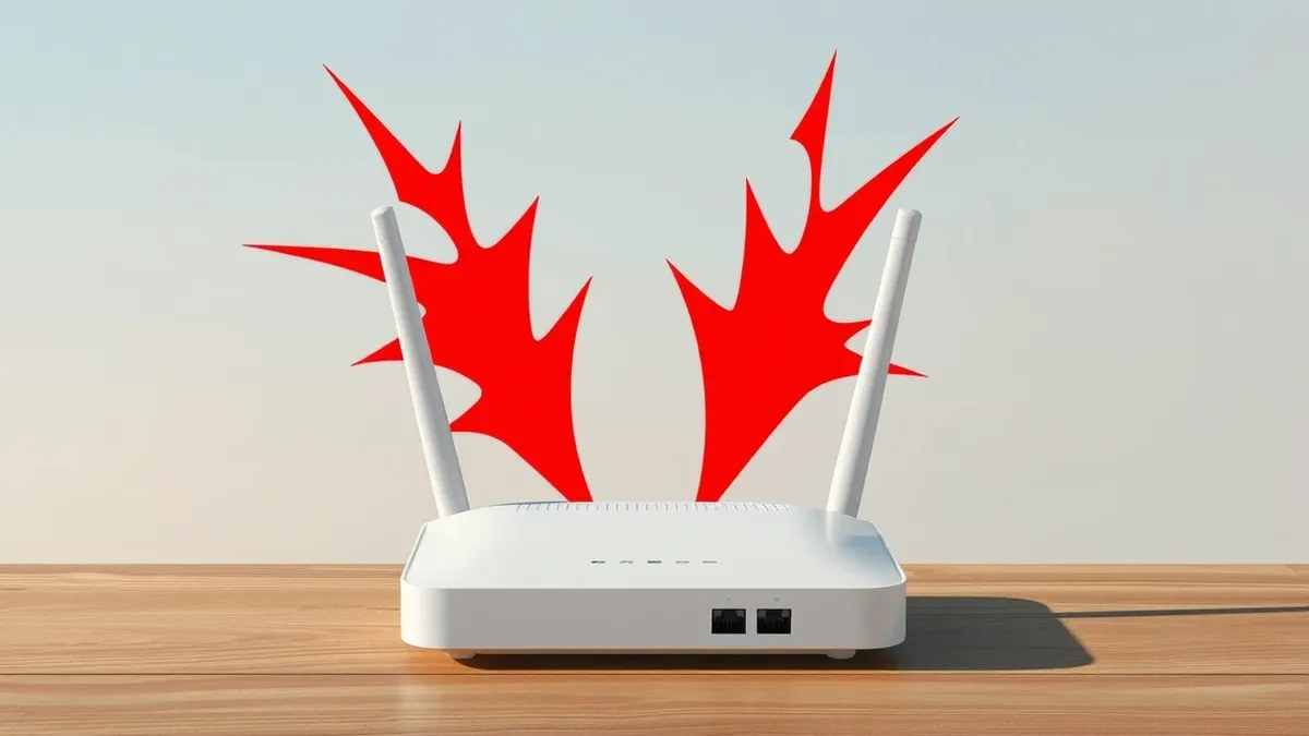 Illustration: A white wireless router with two external antennas sits on a wooden table.