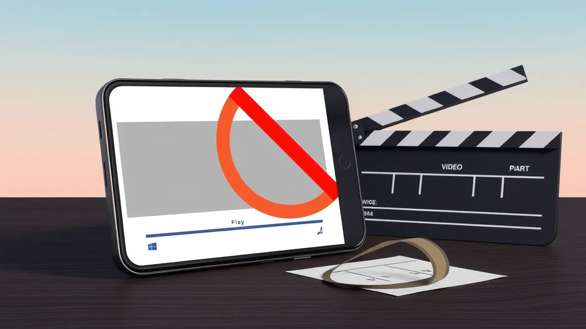 Illustration: A smartphone screen displays a generic video player interface with a greyed out thumbnail and a red prohibition icon overlaid in the center.