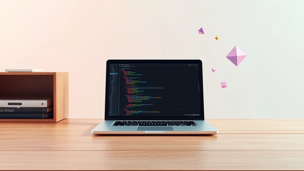 Illustration: A sleek silver laptop sits on a wooden desk, its screen displaying a dark code editor with colorful syntax highlighting.