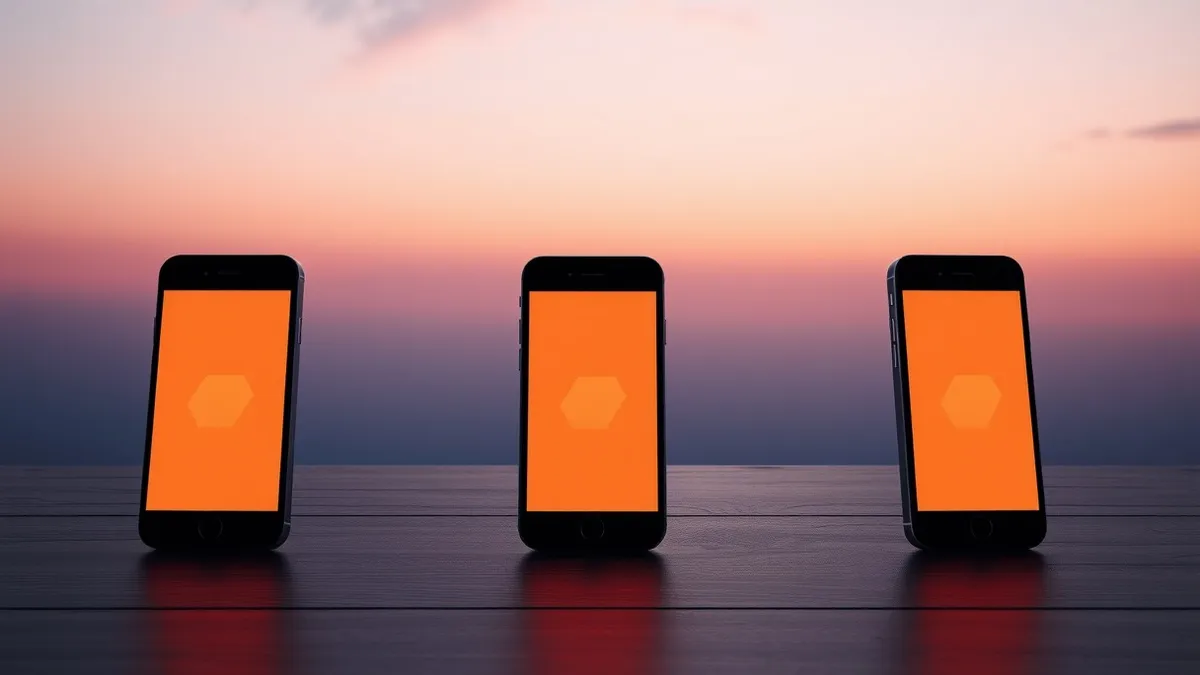 Illustration: Three sleek black smartphones stand side by side on a dark wooden table under bright stage spotlights.