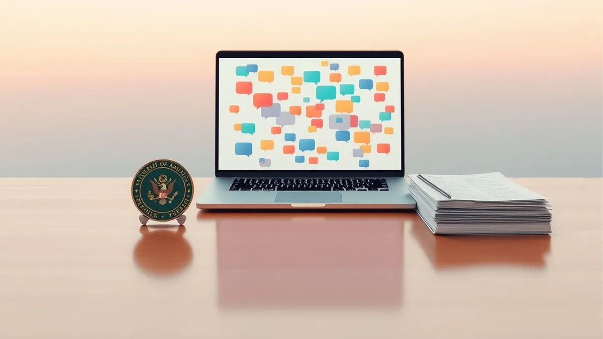Illustration: A sleek silver laptop sits on a polished wooden desk, its screen displaying a grid of abstract colorful chat bubbles representing a large digital community.