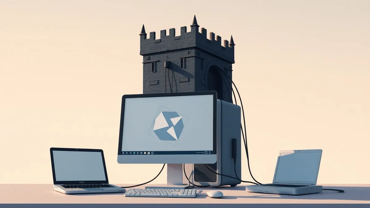 Illustration: A Windows desktop monitor displays a blank browser window with abstract geometric shapes.