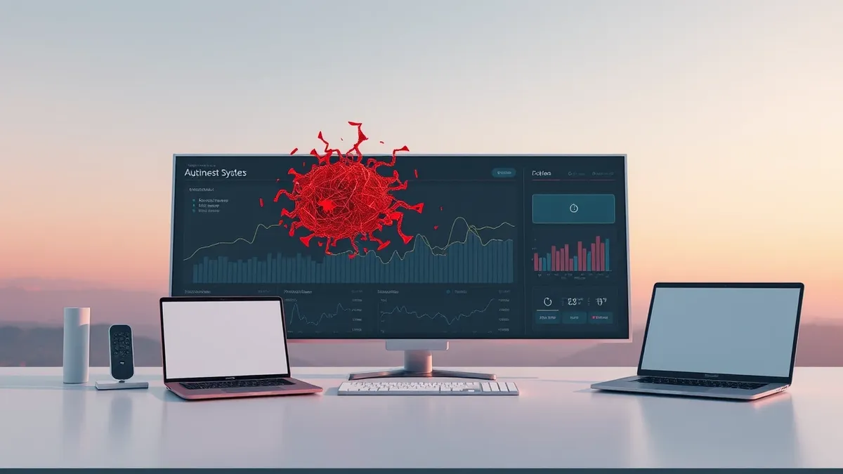 Illustration: A sleek security dashboard displays smooth data streams that abruptly twist into chaotic, jagged red knots.