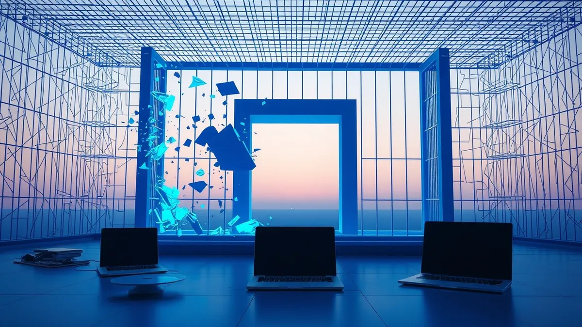 Illustration: A glowing blue digital cage fractures from within, allowing abstract geometric shards to burst through the bars.