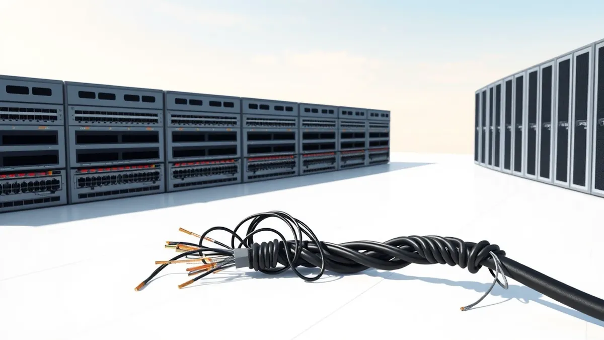 Illustration: A thick black cable lies severed on a sterile white floor, its copper wires exposed and tangled.