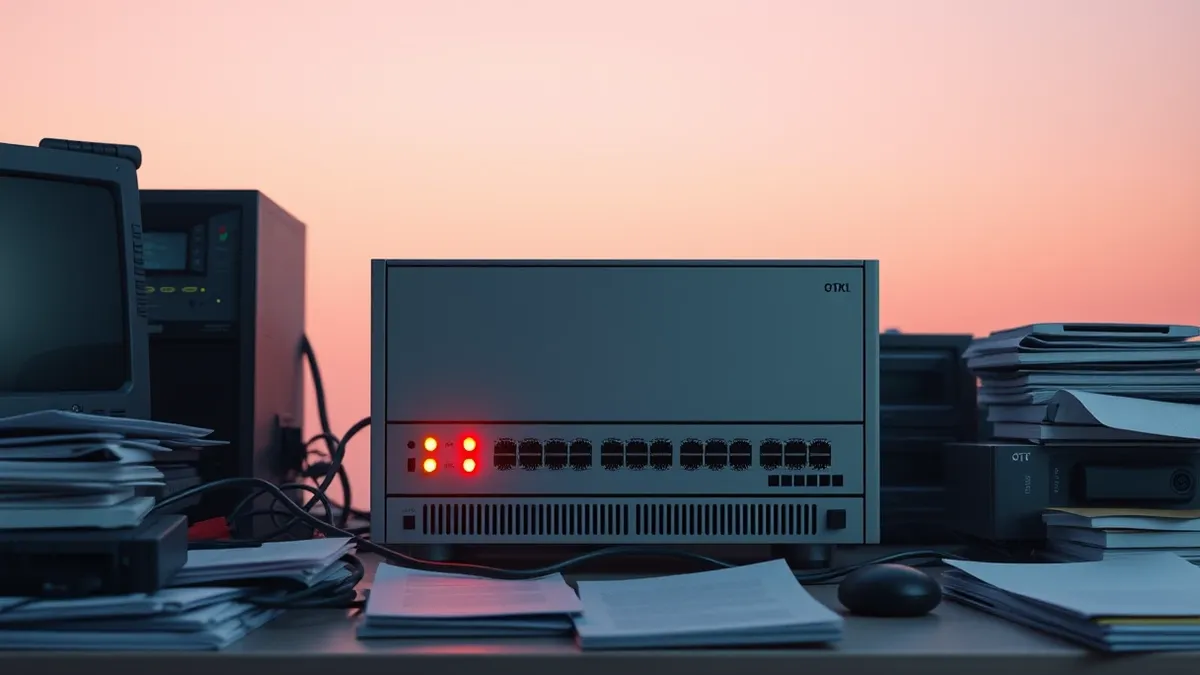 Illustration: A grey network firewall appliance sits on a cluttered desk with its front panel lights blinking erratically.