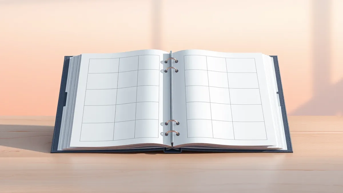 Illustration: A thick white binder sits on a clean wooden desk, its spine featuring a single vertical black bar.