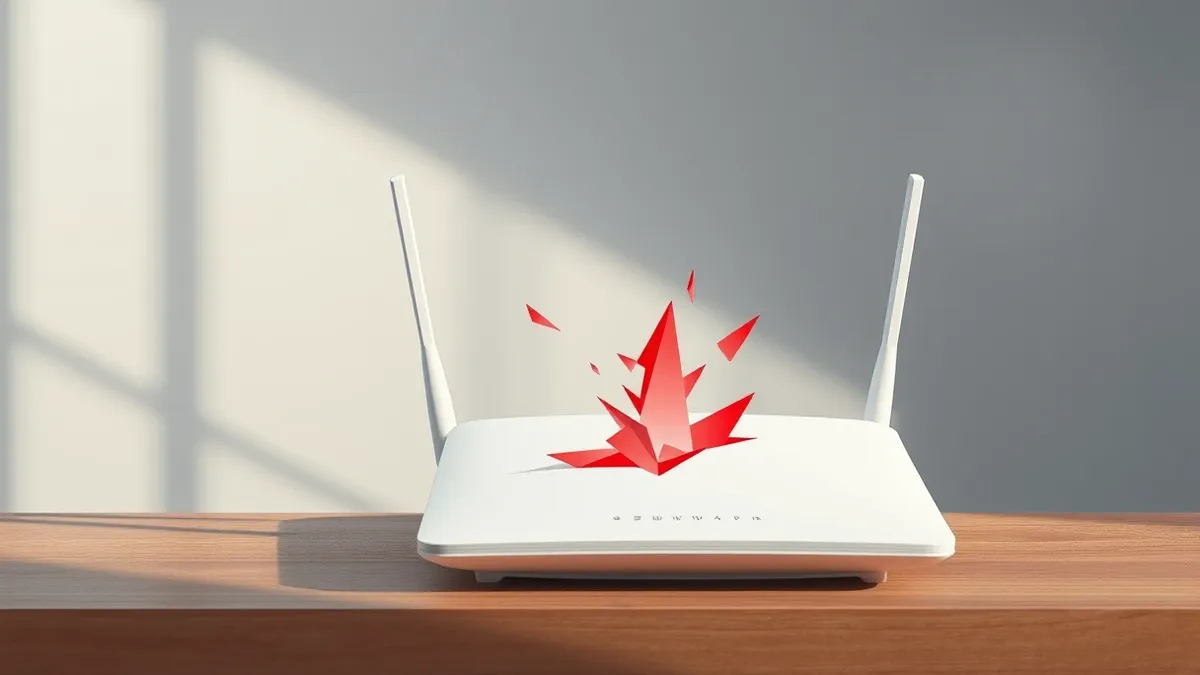 Illustration: A white wireless router sits on a wooden desk with its antenna angled upward.