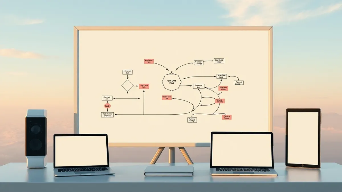Illustration: A whiteboard displays a complex flowchart with interlocking geometric shapes and directional arrows.