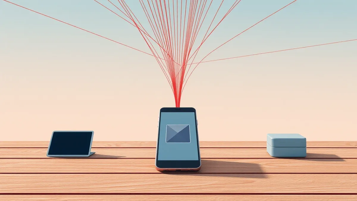 Illustration: A smartphone sits on a wooden table while invisible red threads weave through the air to pierce its screen.